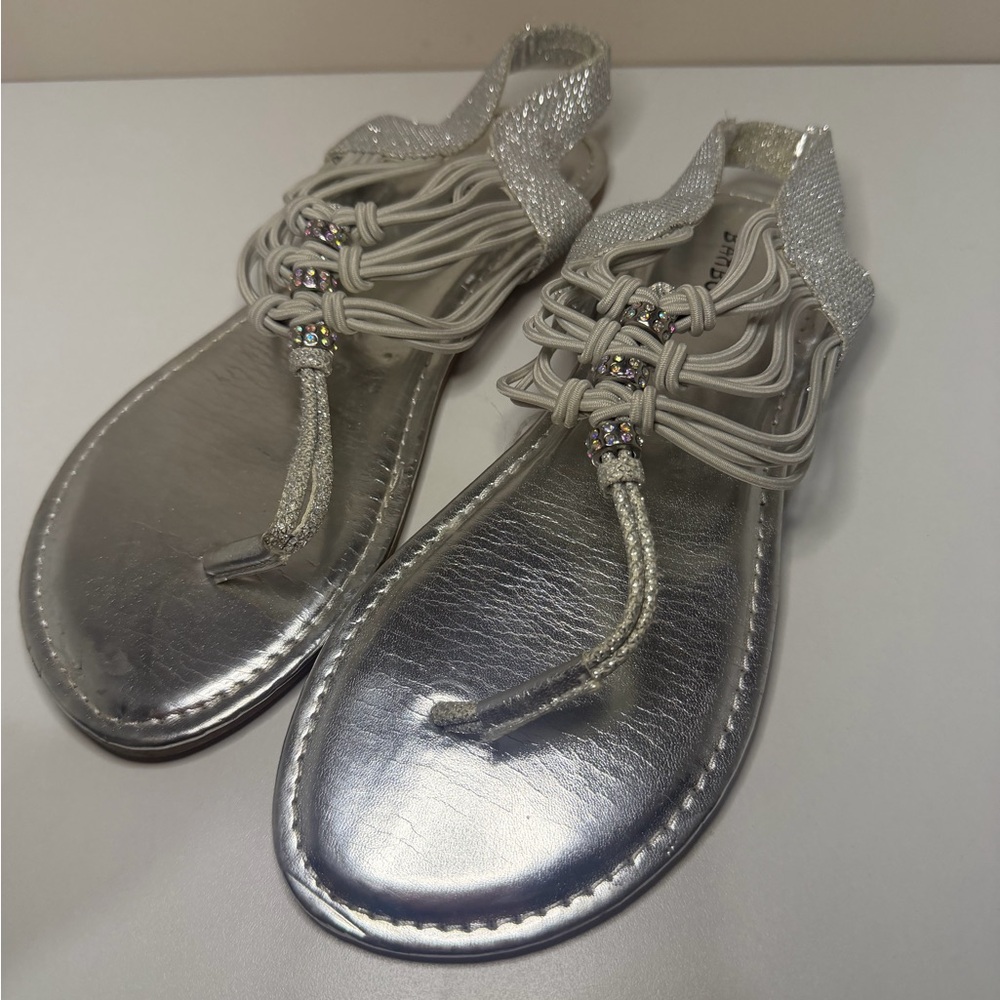 BAMBOO Metallic Silver Jeweled T-Strap Sandals